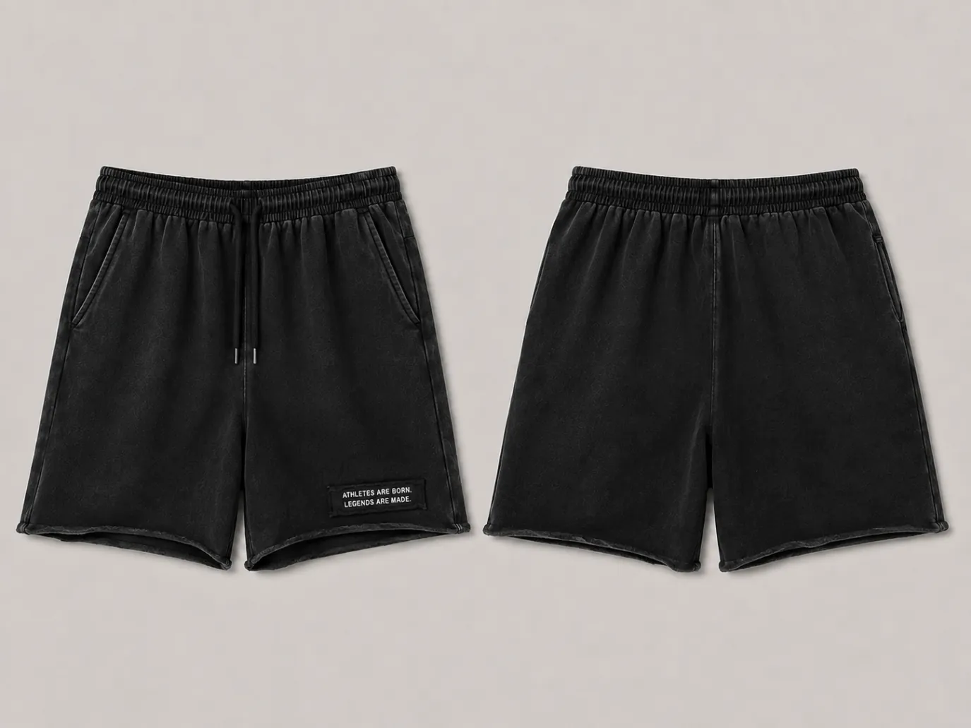 MADE Athlete Short in black with a raw hem and a legacy patch on the wearer's left leg