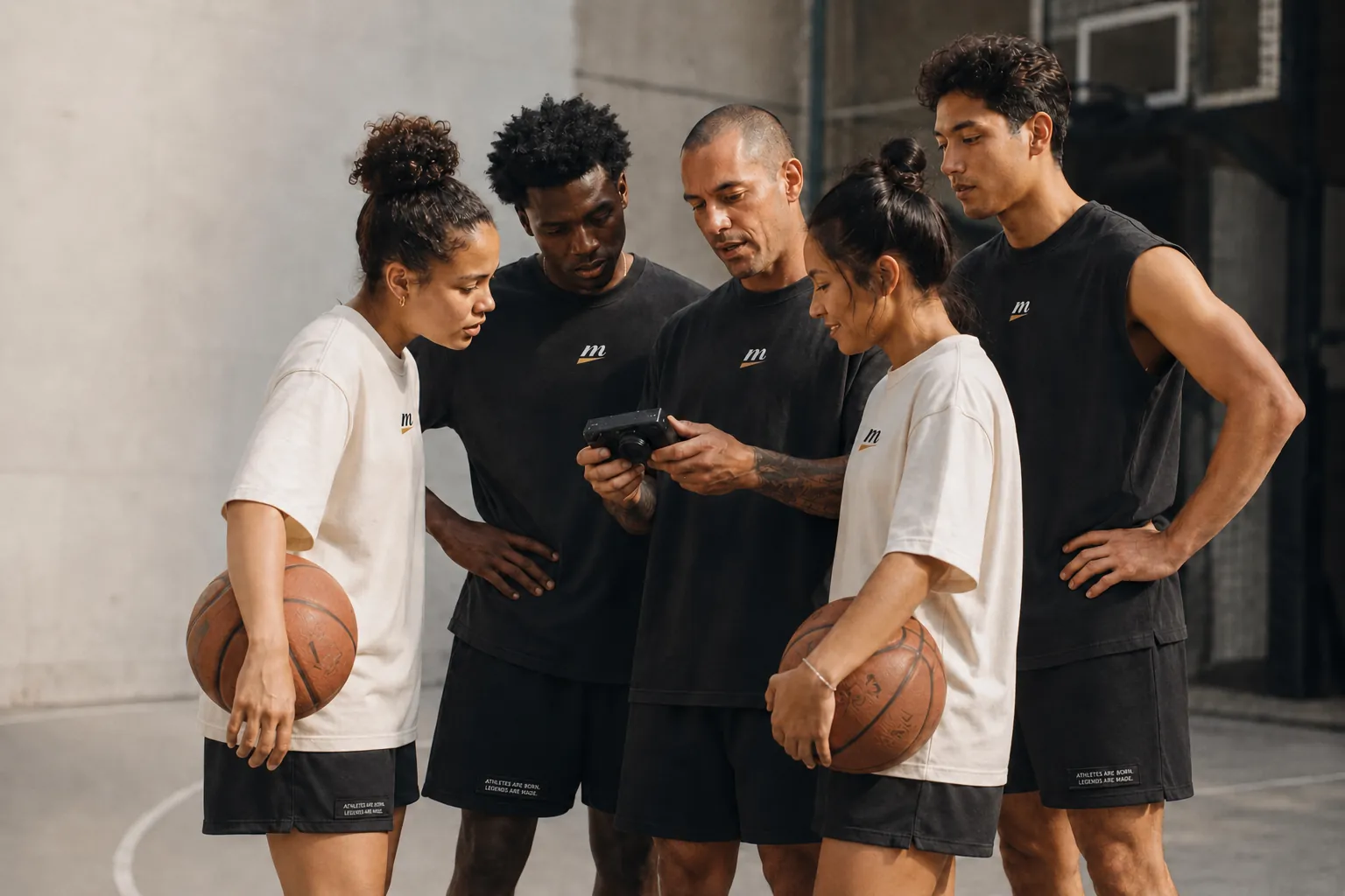 Group of athletes in MADE ISSUE tees and shorts reviewing footage on an outdoor court
